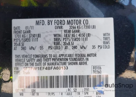2011 Ford F-150 Lariat from USA, damaged, VIN 1FTFW1EF4BFA60133